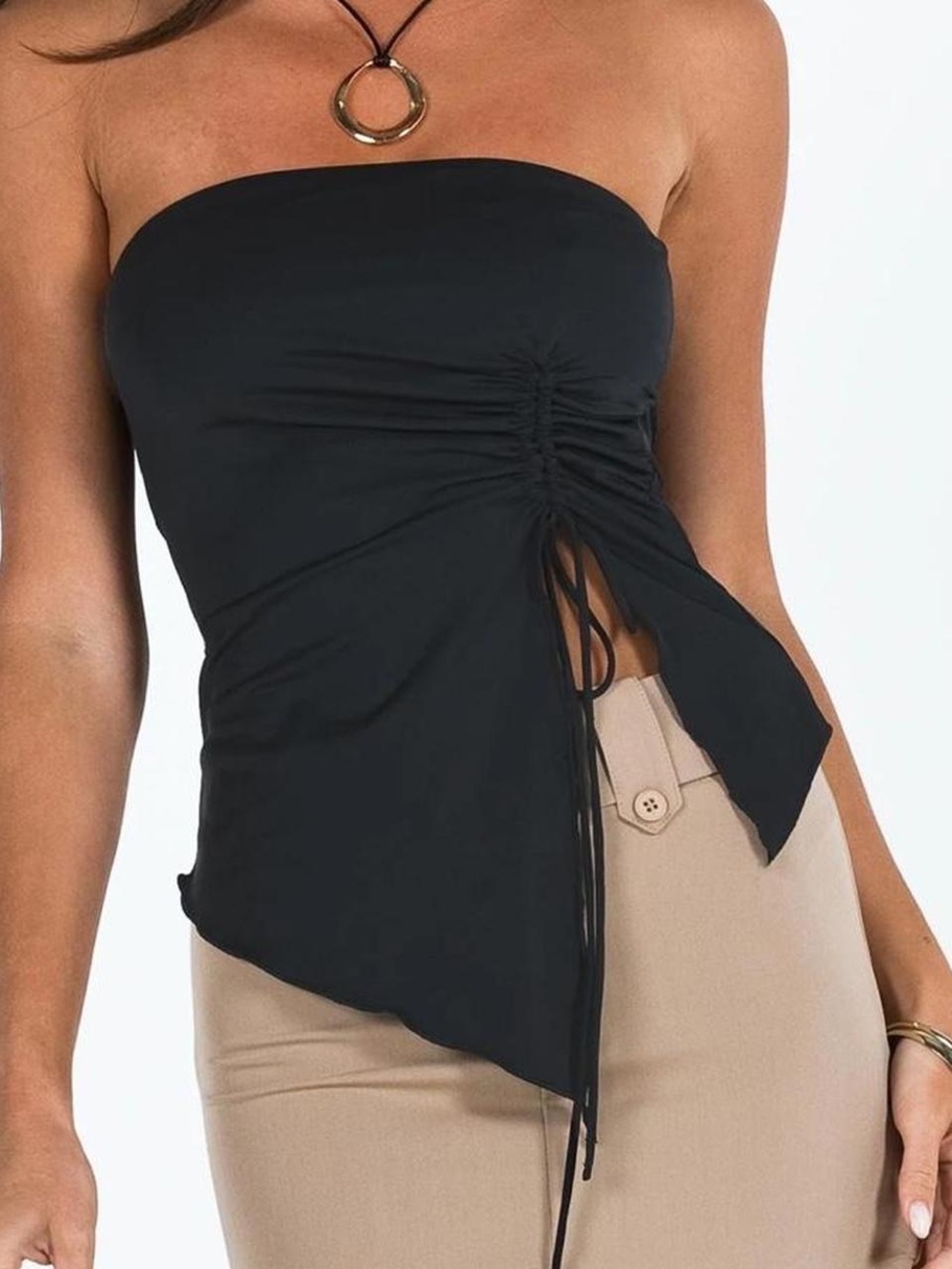 Princess Polly Black Strapless Ruched Tie-Front Top